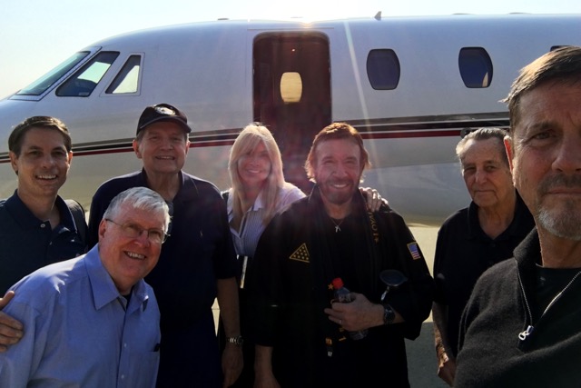 Arriving in DC, on a private jet for Jhoon Rhee's memorial service. Jamie Cashion, Keith Yates, Allen Steen, Gina and Chuck Norris, Pat Burleson, Ted Gambordella.